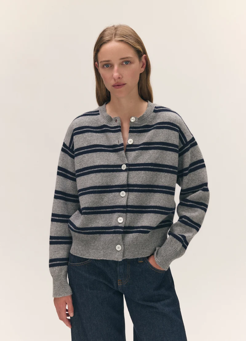 Ada Crewneck Cardigan in Flannel/Navy Stripe