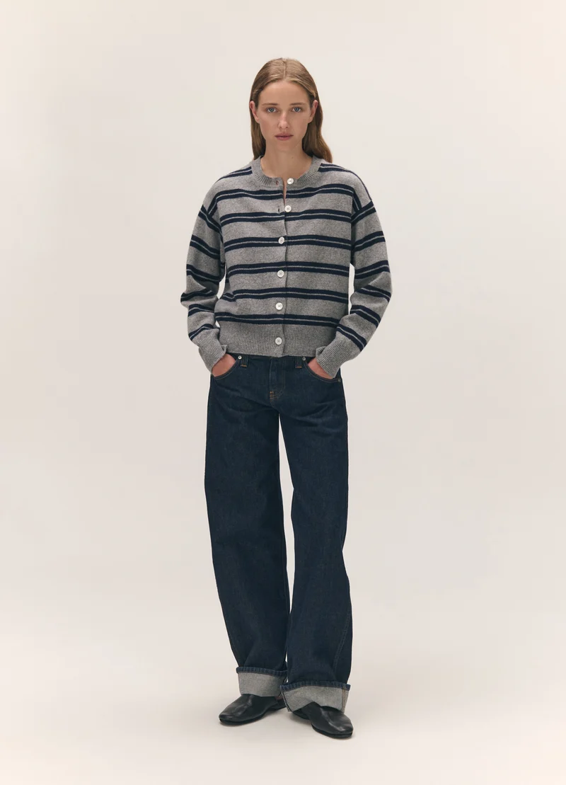 Ada Crewneck Cardigan in Flannel/Navy Stripe