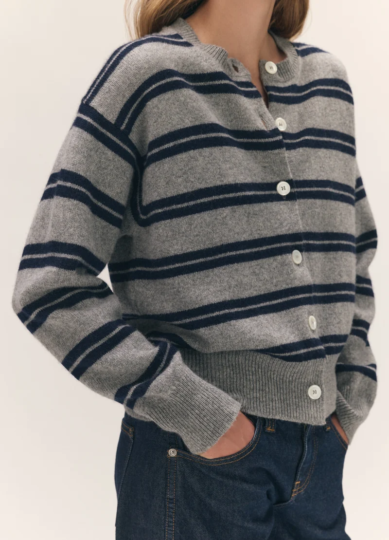 Ada Crewneck Cardigan in Flannel/Navy Stripe