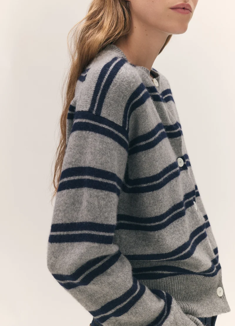 Ada Crewneck Cardigan in Flannel/Navy Stripe