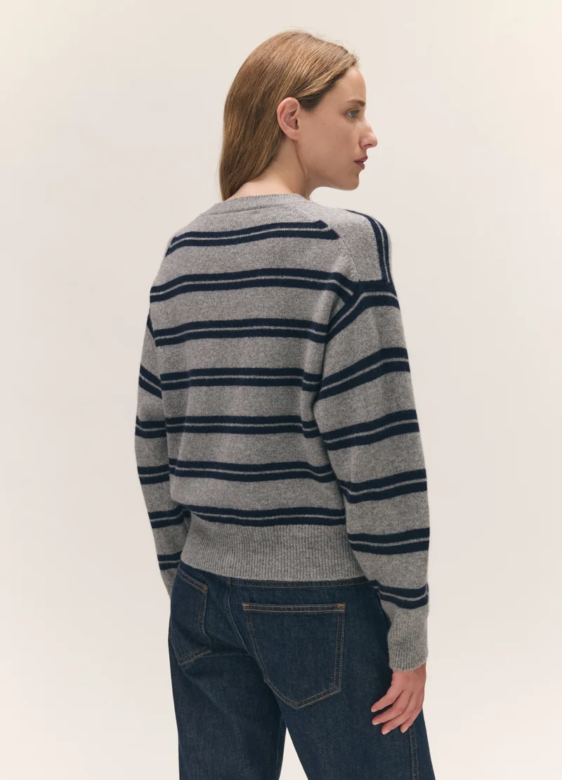 Ada Crewneck Cardigan in Flannel/Navy Stripe