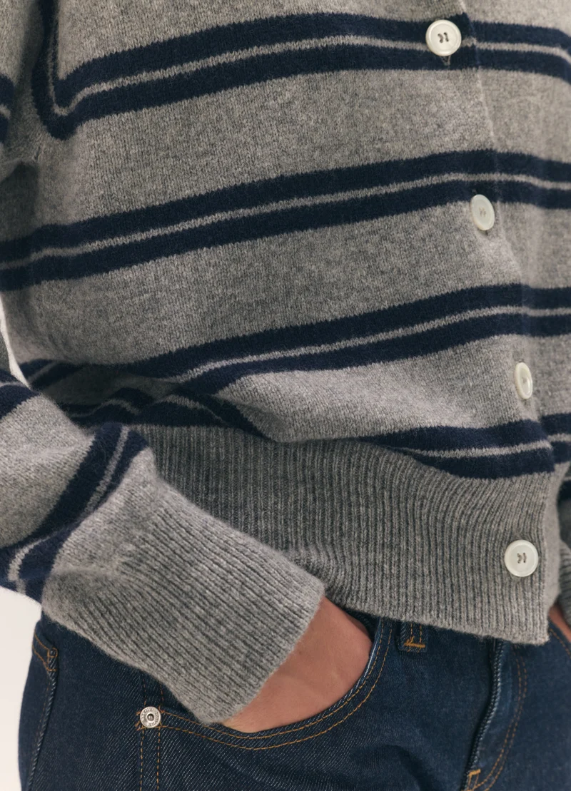 Ada Crewneck Cardigan in Flannel/Navy Stripe