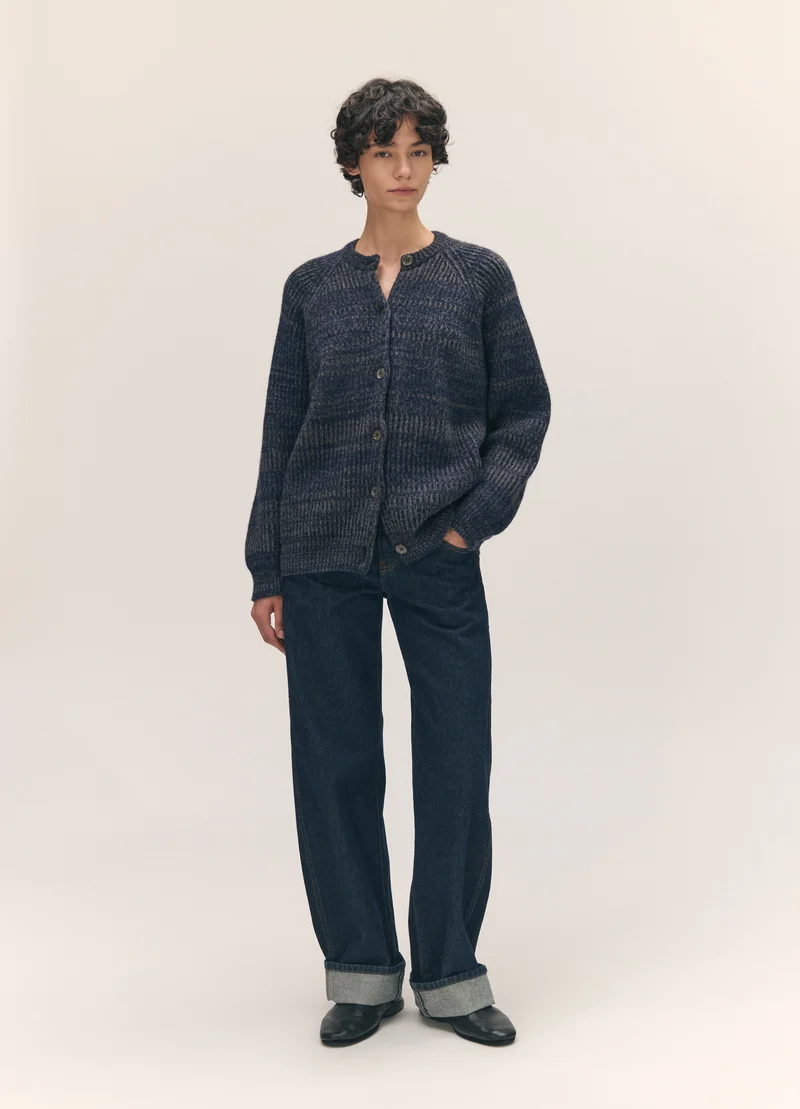 Rowan Rib Crew Cardigan in Navy Marle
