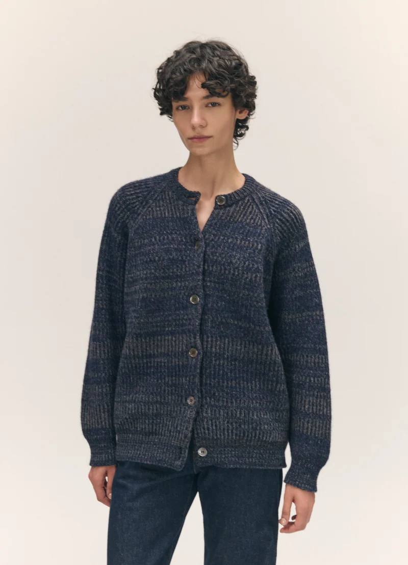 Rowan Rib Crew Cardigan in Navy Marle