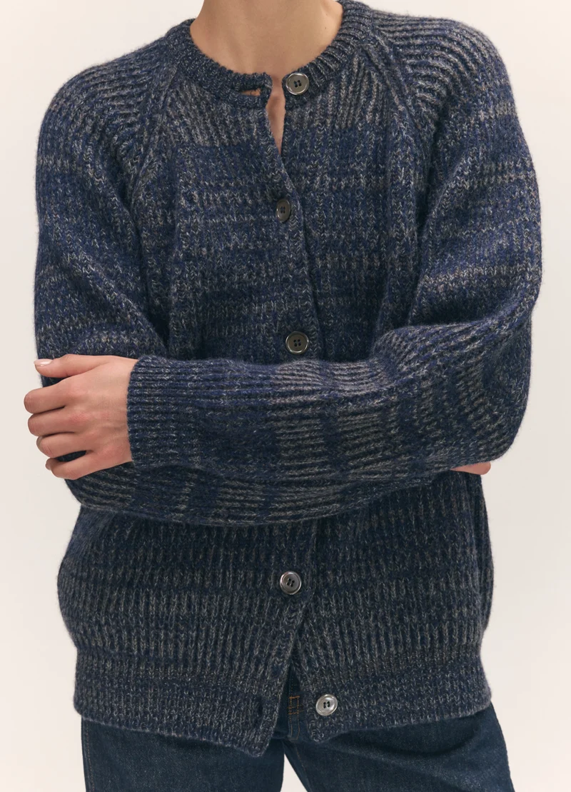 Rowan Rib Crew Cardigan in Navy Marle