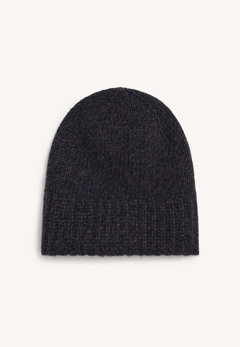 Rib Trim Cashmere Hat in Navy and Brown Mouliné