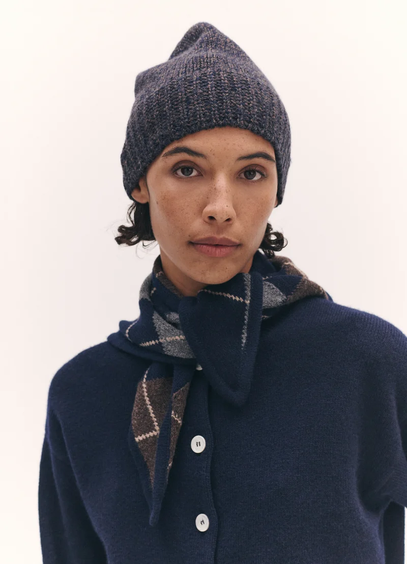 Rib Trim Cashmere Hat in Navy and Brown Mouliné