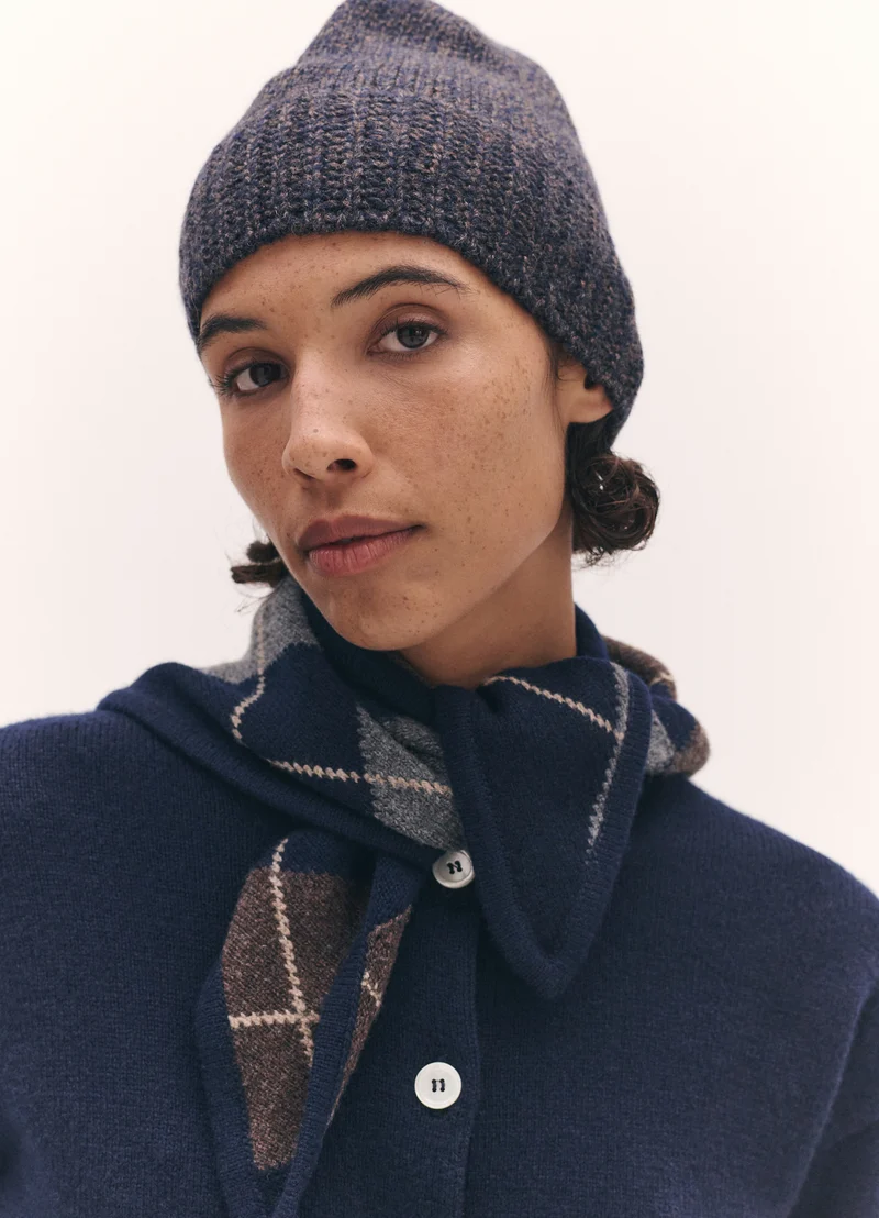 Rib Trim Cashmere Hat in Navy and Brown Mouliné