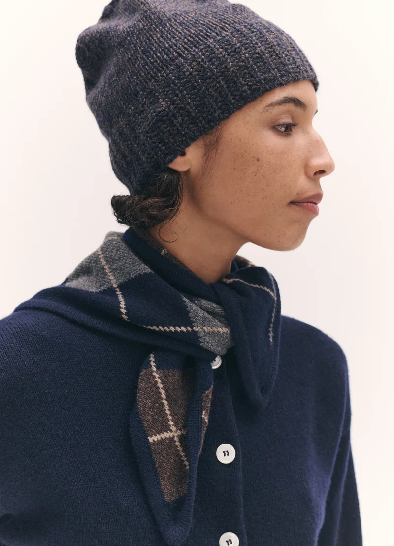 Rib Trim Cashmere Hat in Navy and Brown Mouliné