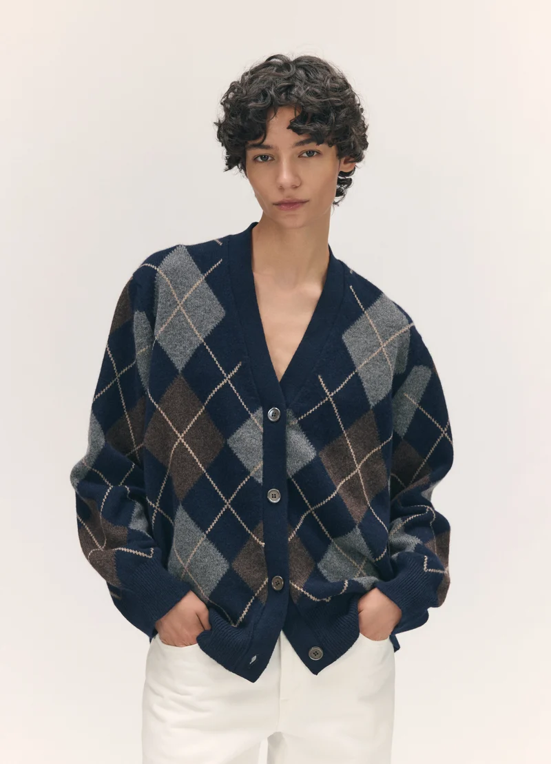 Ava Argyle Cardigan in Navy with Brown