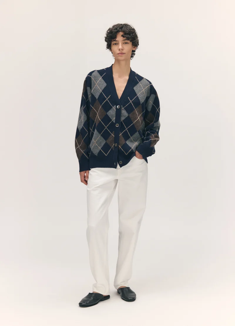 Ava Argyle Cardigan in Navy with Brown