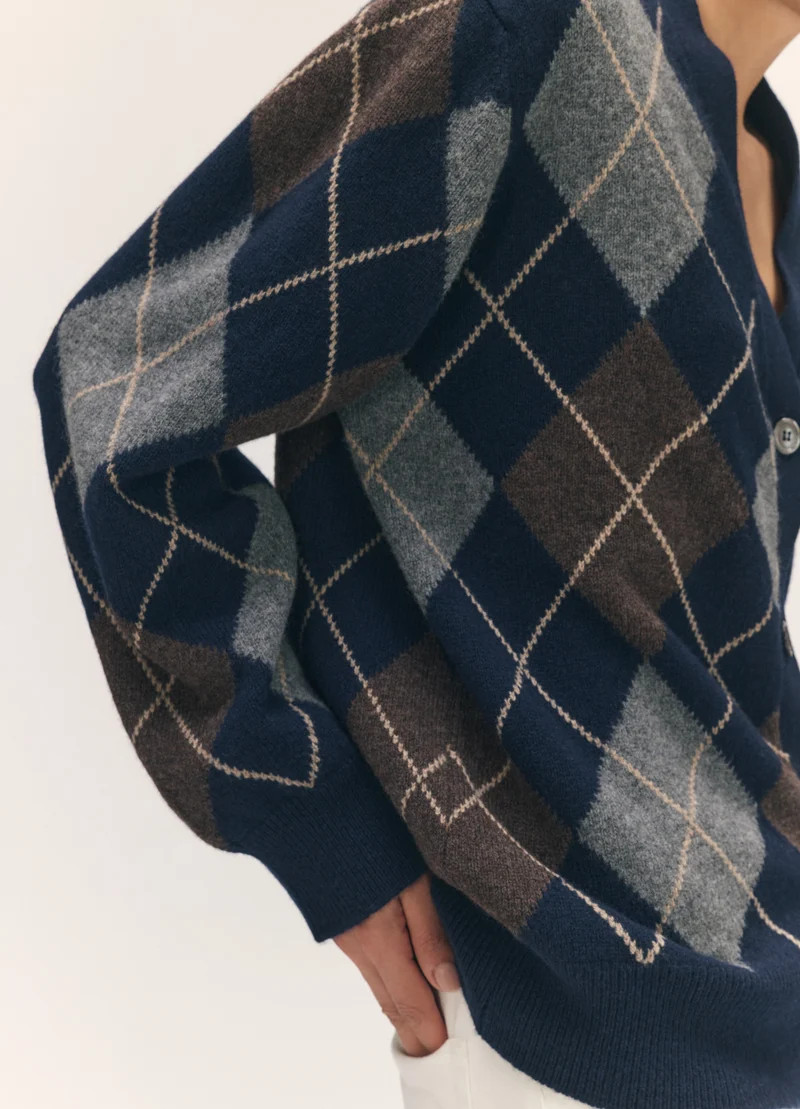 Ava Argyle Cardigan in Navy with Brown