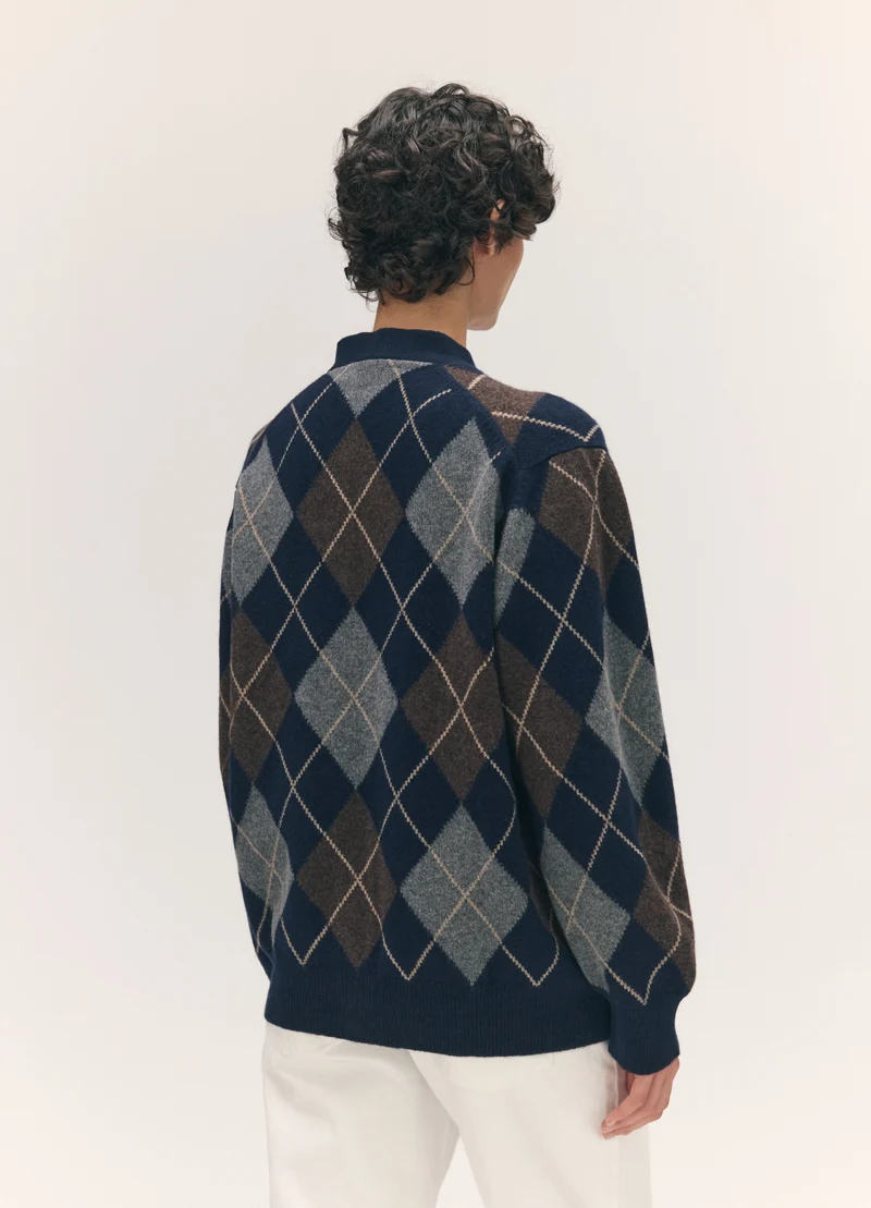 Ava Argyle Cardigan in Navy with Brown