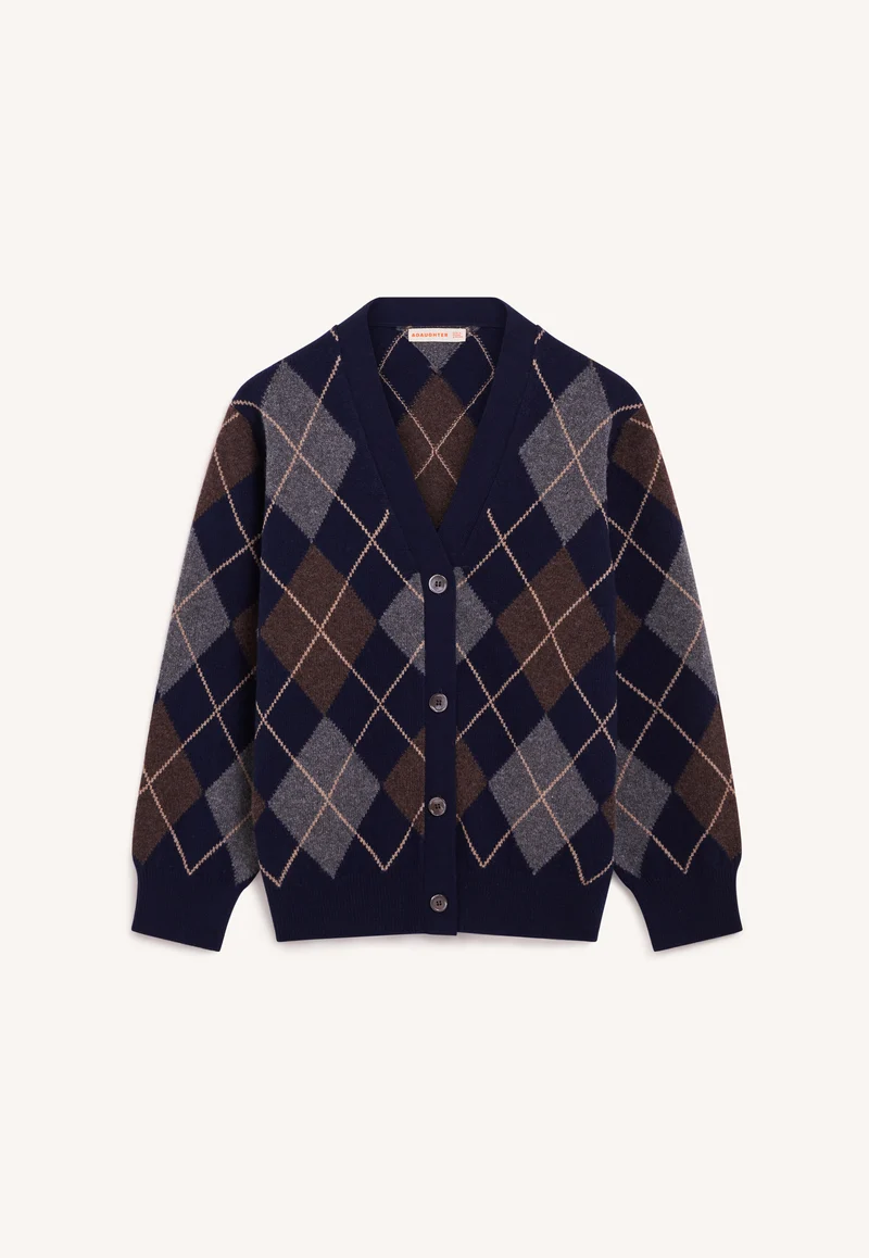Ava Argyle Cardigan in Navy with Brown