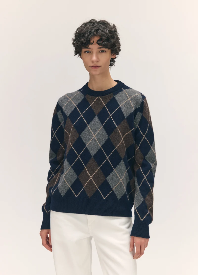 Ava Argyle Crewneck in Navy with Brown