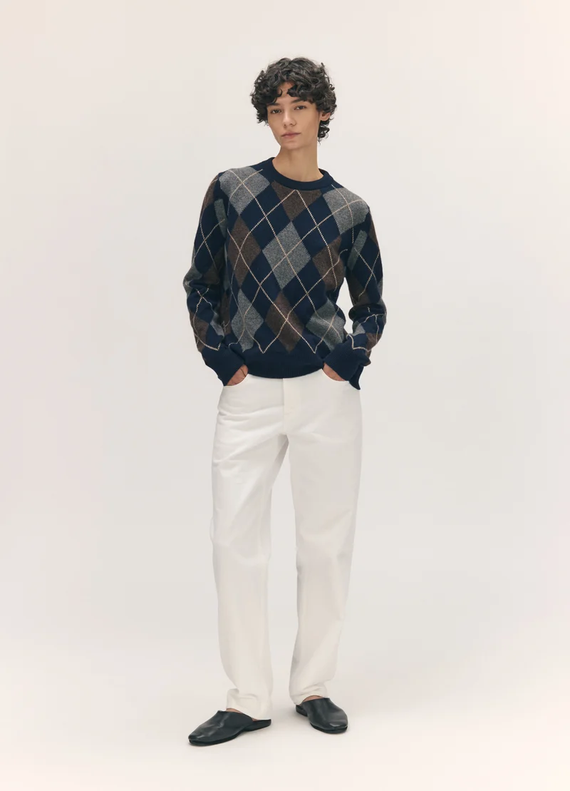 Ava Argyle Crewneck in Navy with Brown