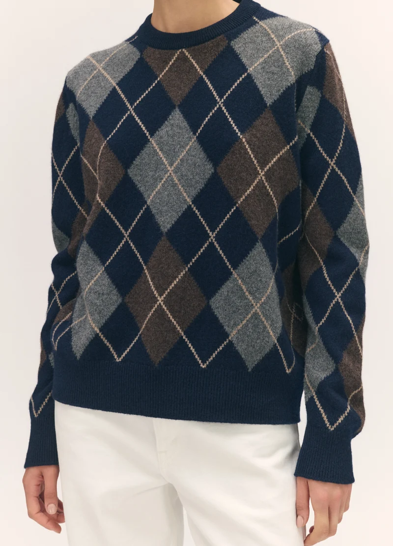 Ava Argyle Crewneck in Navy with Brown