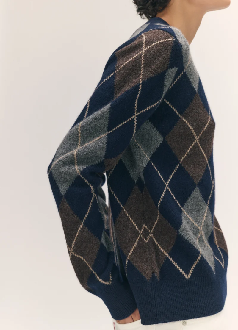 Ava Argyle Crewneck in Navy with Brown