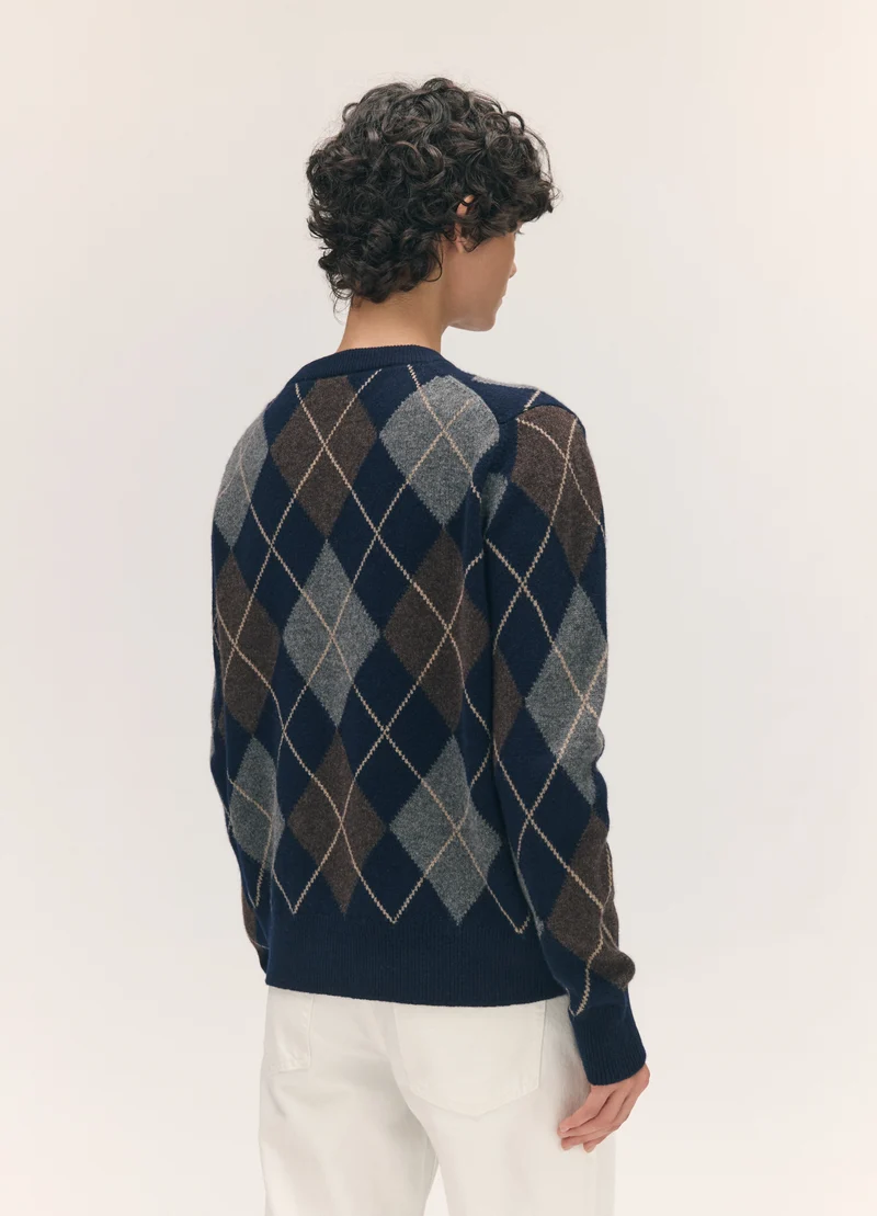 Ava Argyle Crewneck in Navy with Brown