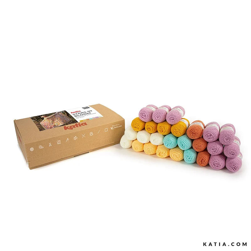 Katia CAL „Stars in Bloom“-Paket – Gehäkelte Blumendecke Naturweiß S1