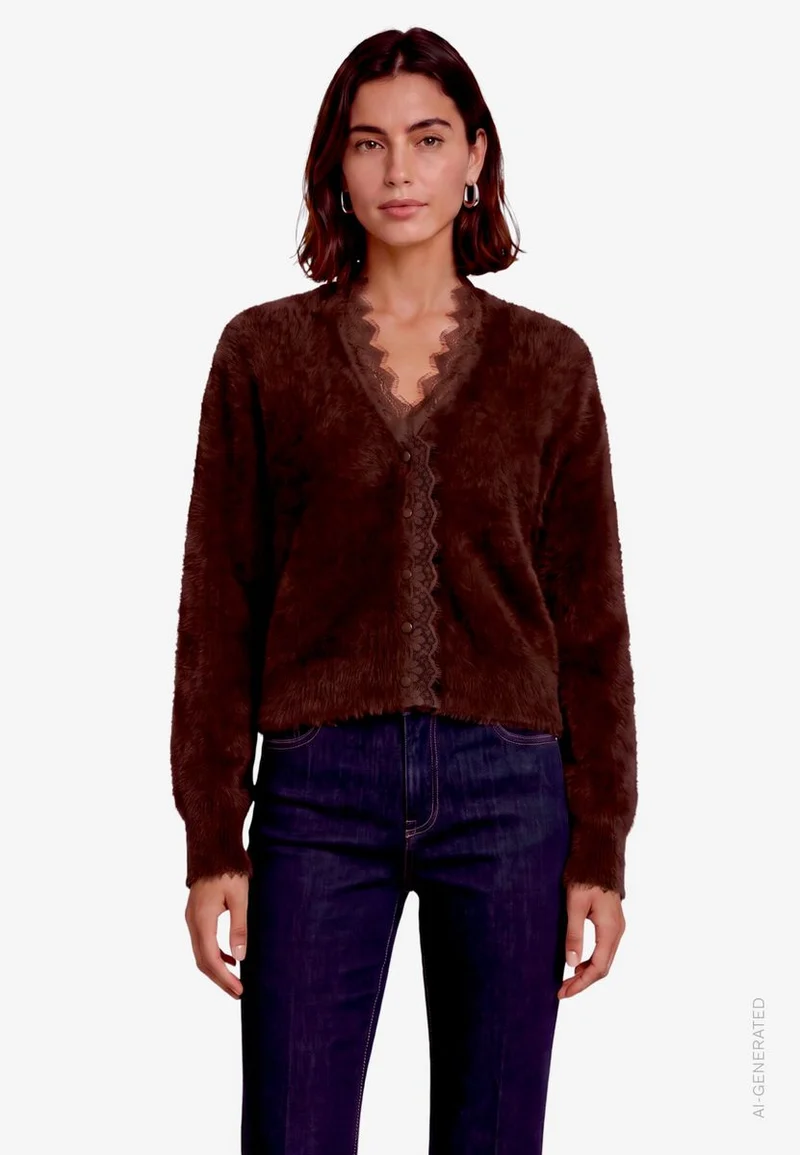 Flauschige Strickjacke Damen mit Spitze