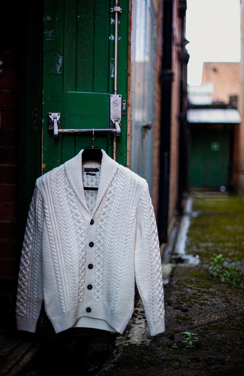 Mens Chunky Merino Wool Shawl Collar Cable Cardigan