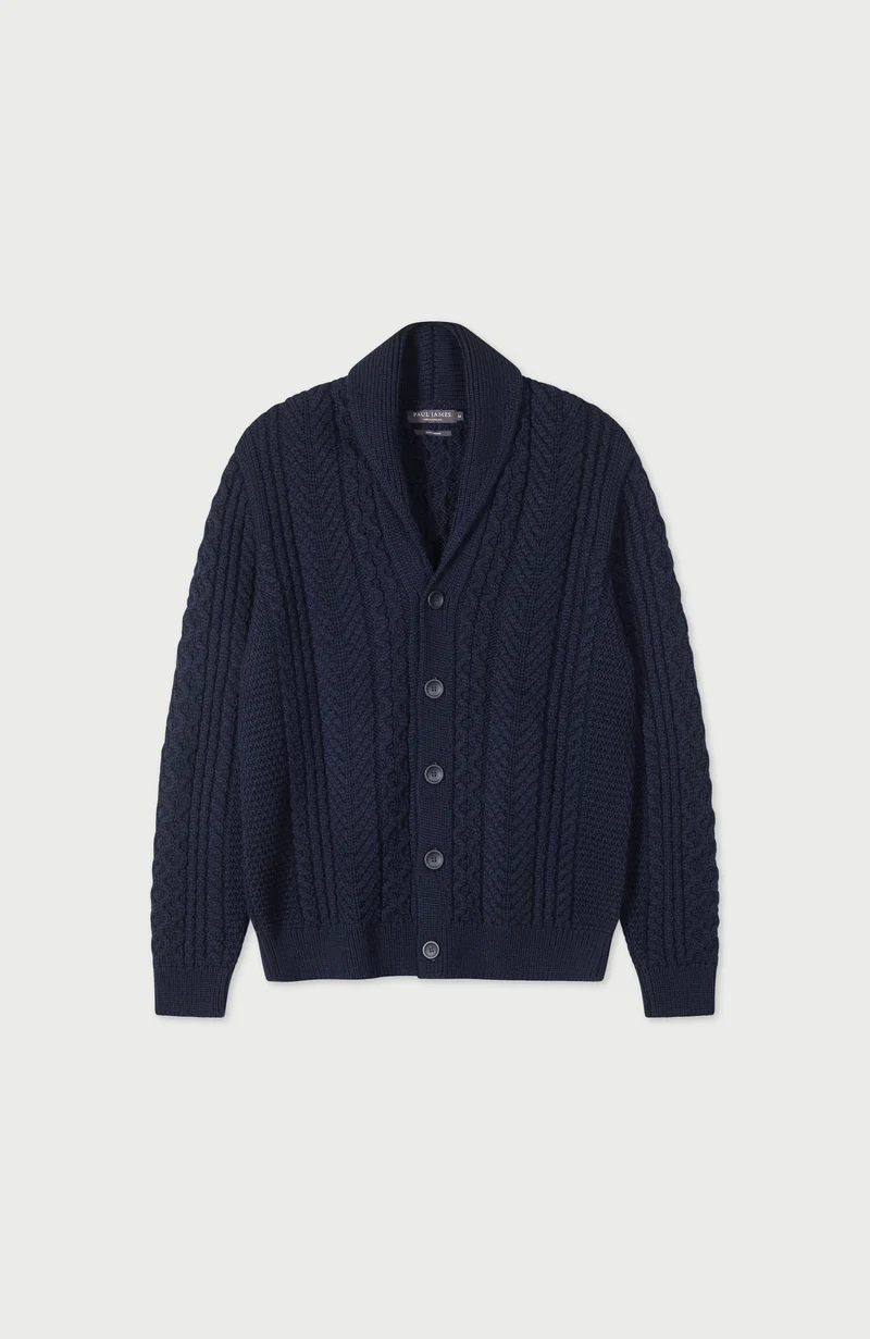 Mens Chunky Merino Wool Shawl Collar Cable Cardigan