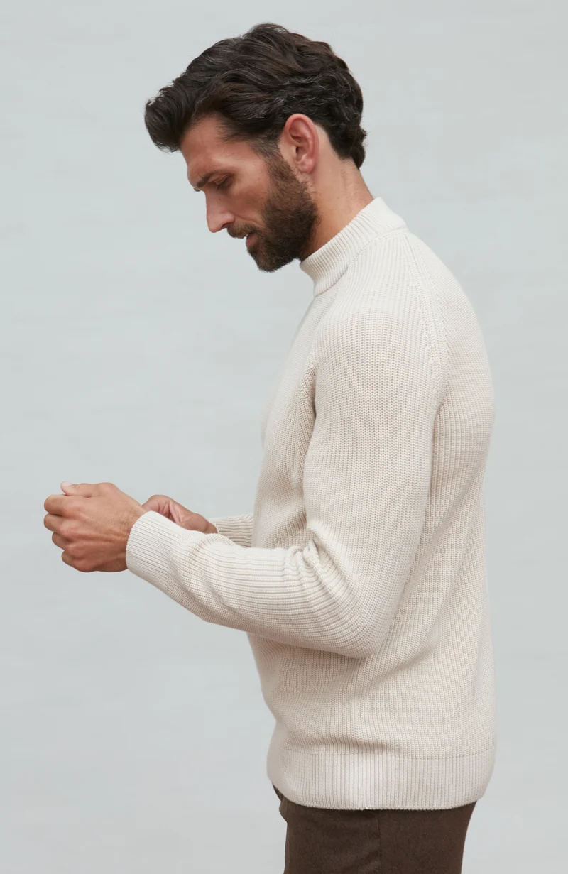 Mens Midweight Cotton Ribbed Mock Turtle Neck Jumper