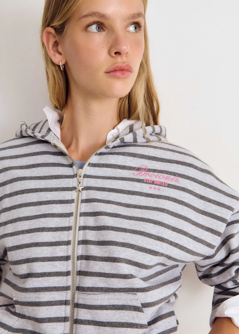 Striped zip-up sweatshirt with embroidery