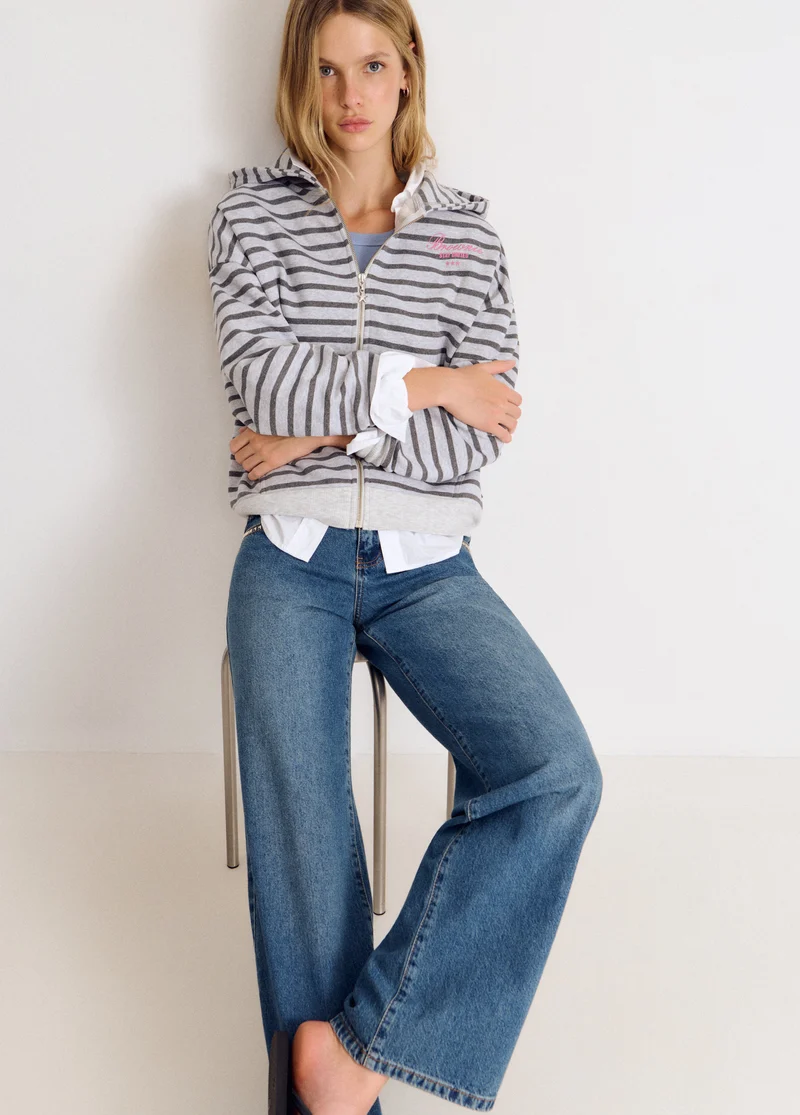 Striped zip-up sweatshirt with embroidery