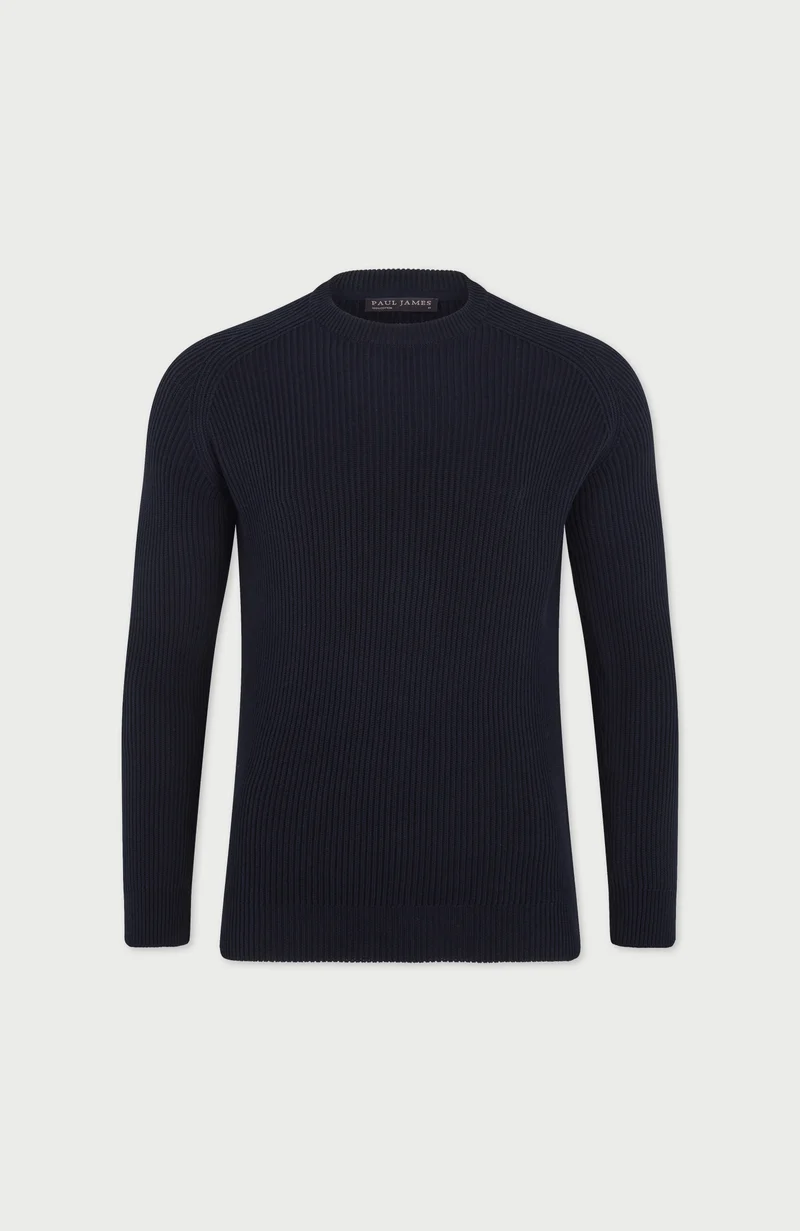 Mens Midweight Cotton Ribbed Crew Neck Jumper