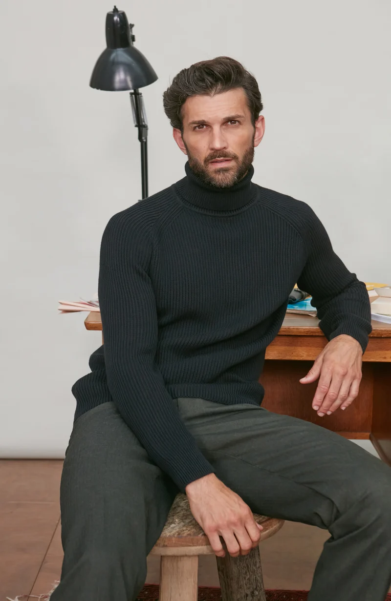 Mens Midweight Cotton Ribbed Roll Neck Jumper
