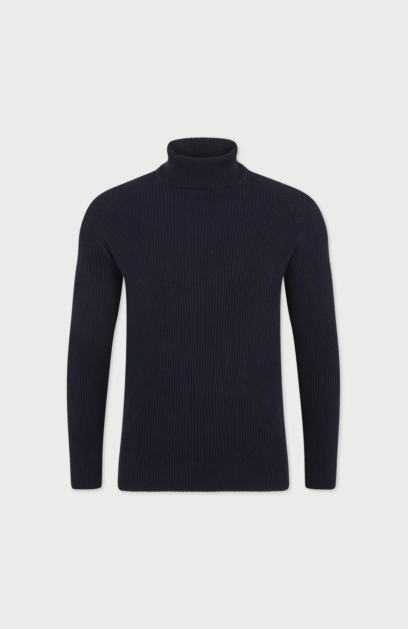 Mens Midweight Cotton Ribbed Roll Neck Jumper