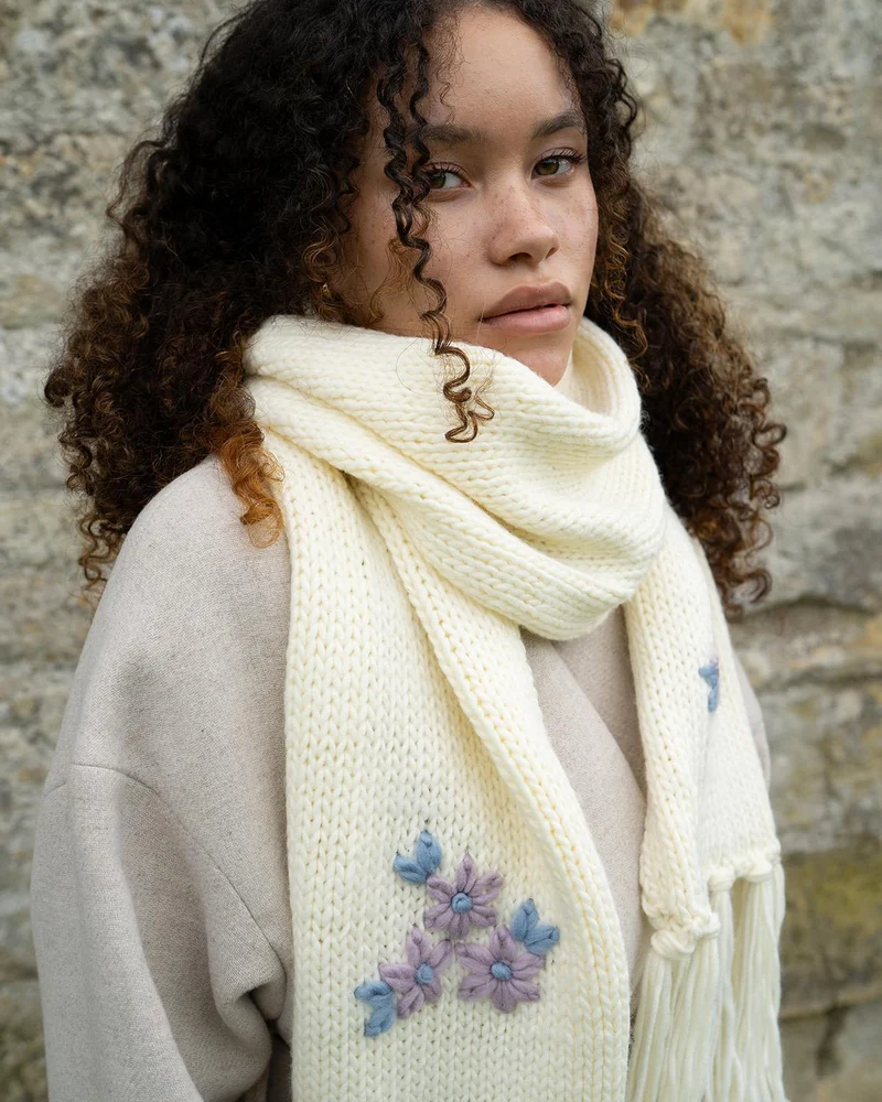Forget-Me-Not Knitted Scarf in Cream