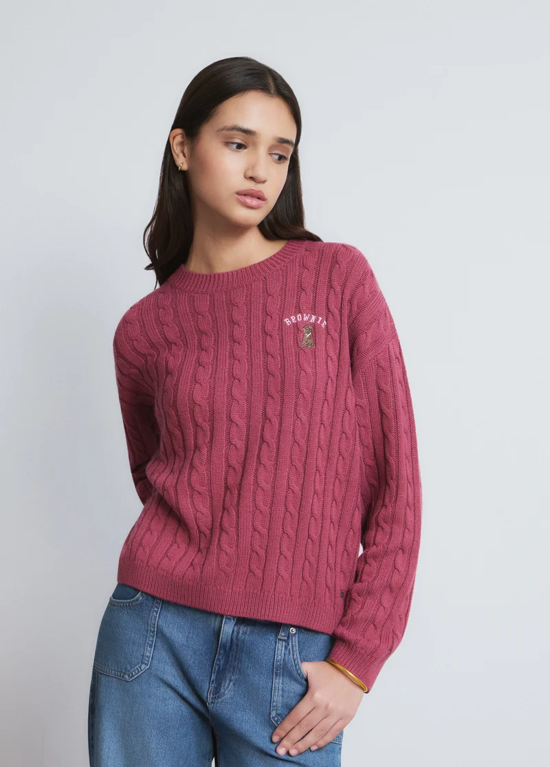 Braided sweater with dog embroidery