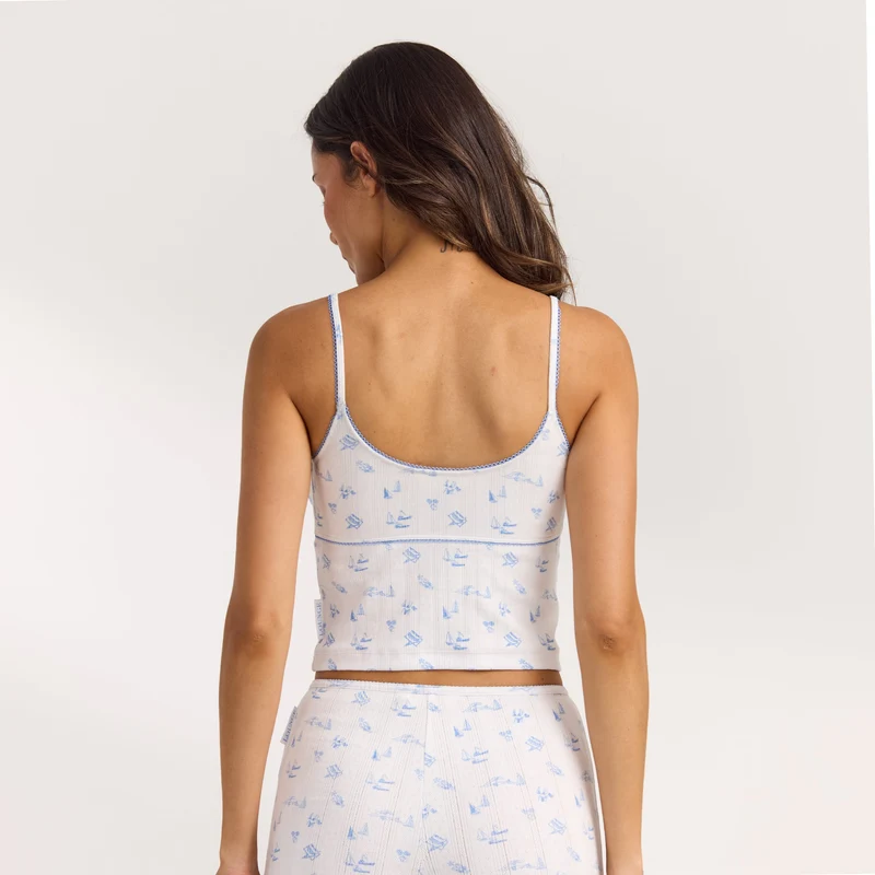 Pointelle Pyjama Cami-Top - Blaues Küstenmotiv
