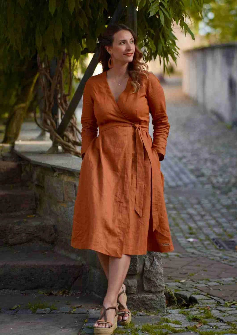Wickelkleid Leinen "Ranunkel" für Damen, lange Ärmel
