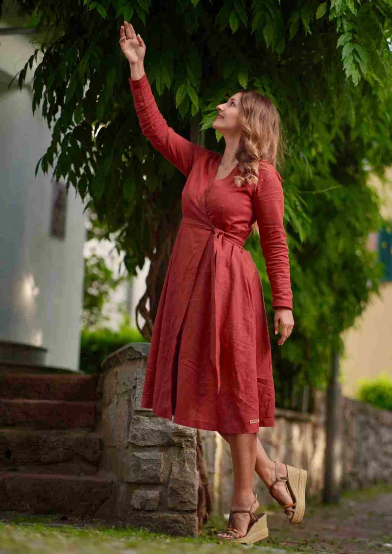 Wickelkleid Leinen "Ranunkel" für Damen, lange Ärmel