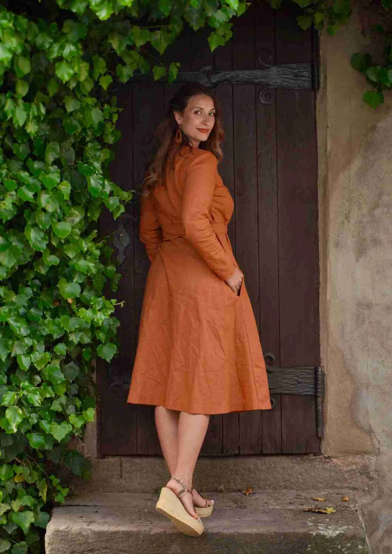 Wickelkleid Leinen "Ranunkel" für Damen, lange Ärmel