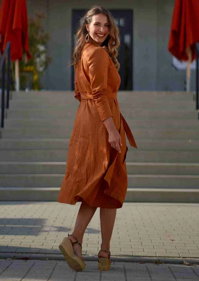 Wickelkleid Leinen "Ranunkel" für Damen, lange Ärmel