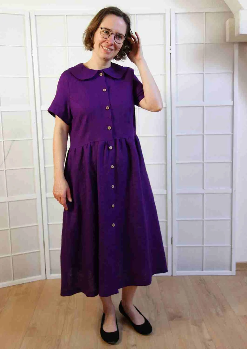 Leinenkleid mit Bubikragen und Knopfleiste "Rose", kurze Ärmel