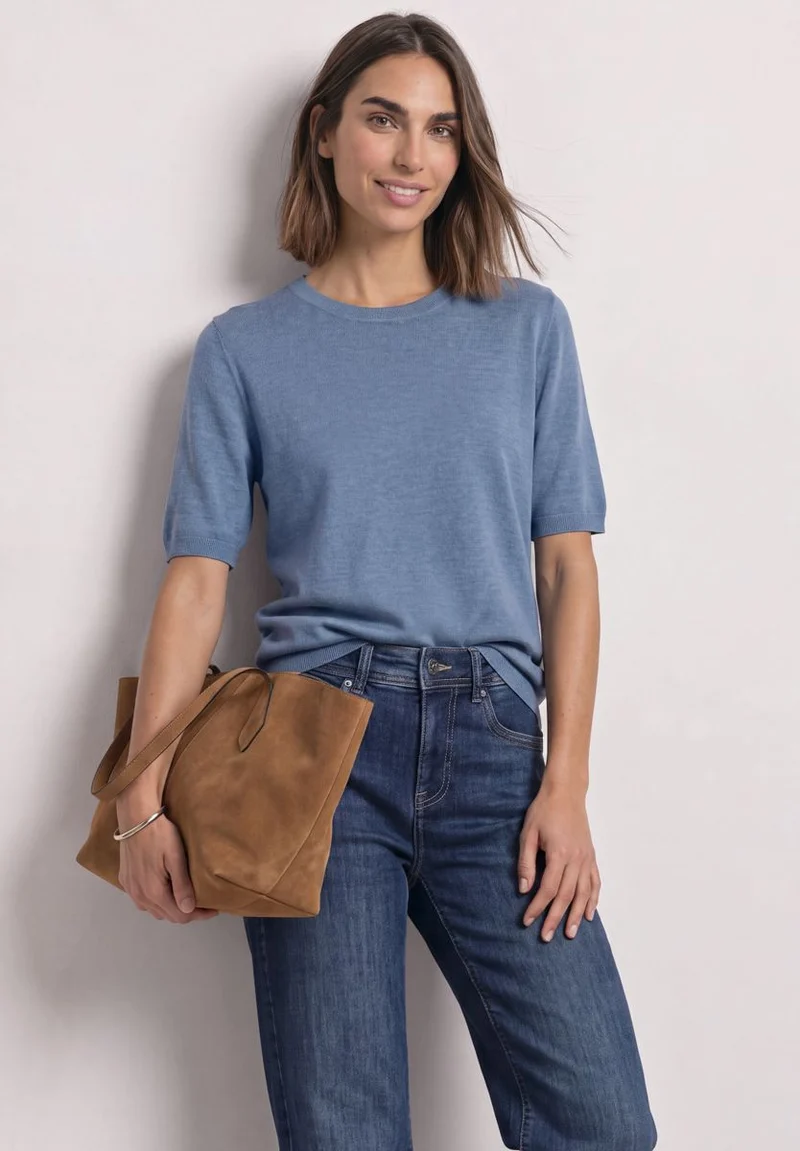 Kurzarm Pullover mit Rundhals in Unifarbe
