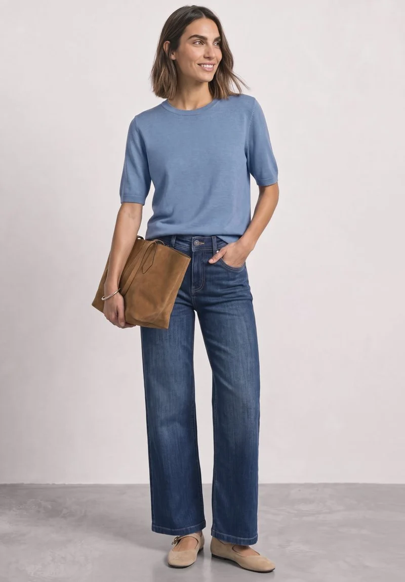 Kurzarm Pullover mit Rundhals in Unifarbe