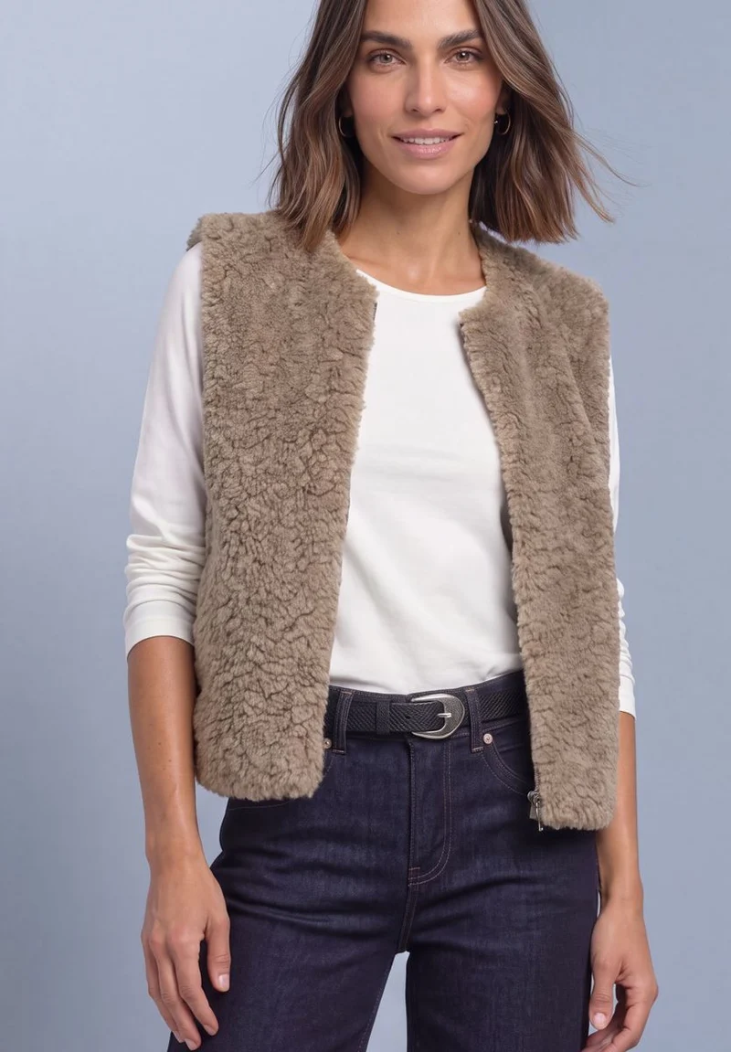 Fake Fur Weste mit Taschen und Zipper