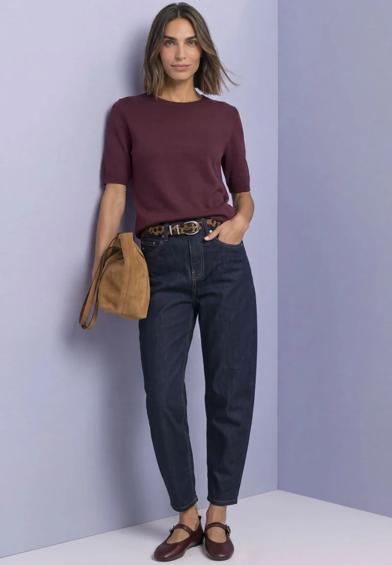 Kurzarm Pullover mit Rundhals in Unifarbe