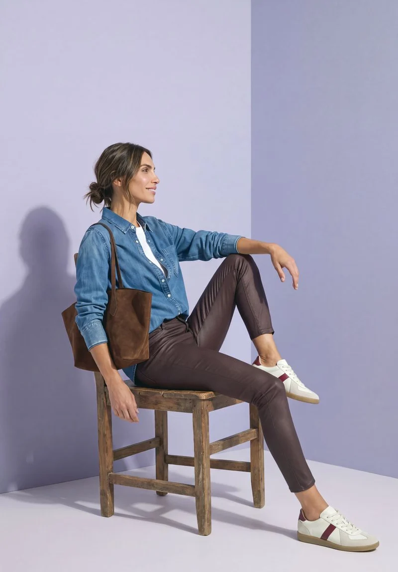 Mid Waist Hose im Slim Fit in Leder-Optik