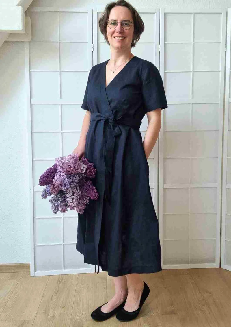Wickelkleid Leinen "Ranunkel" für Damen, kurze Ärmel