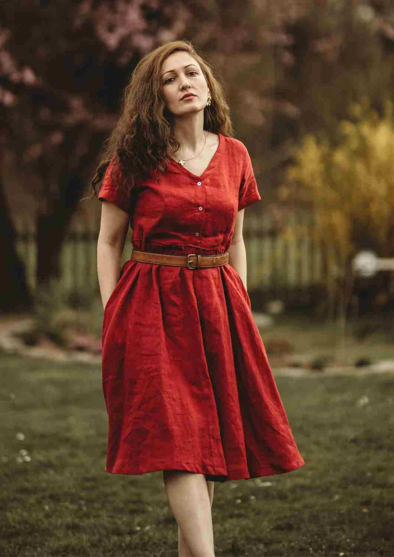 Leinen Kleid mit Knopfleiste "Cosmea", kurze Ärmel