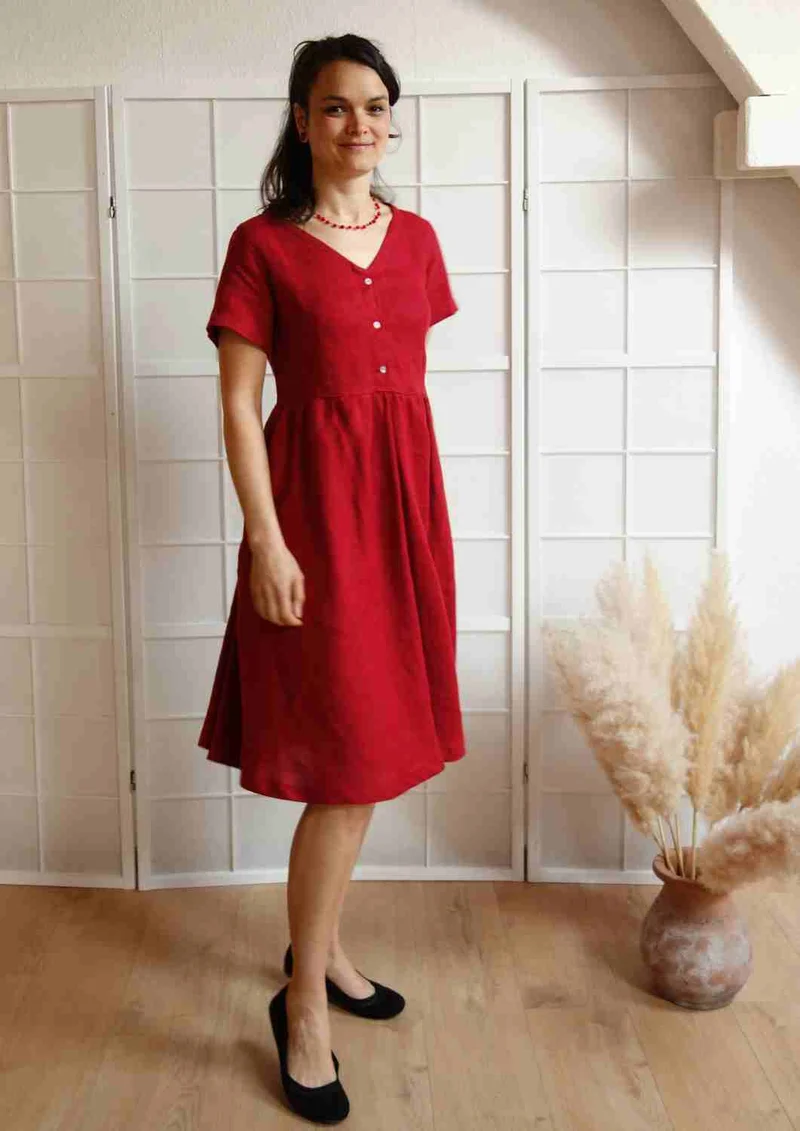 Leinen Kleid mit Knopfleiste "Cosmea", kurze Ärmel