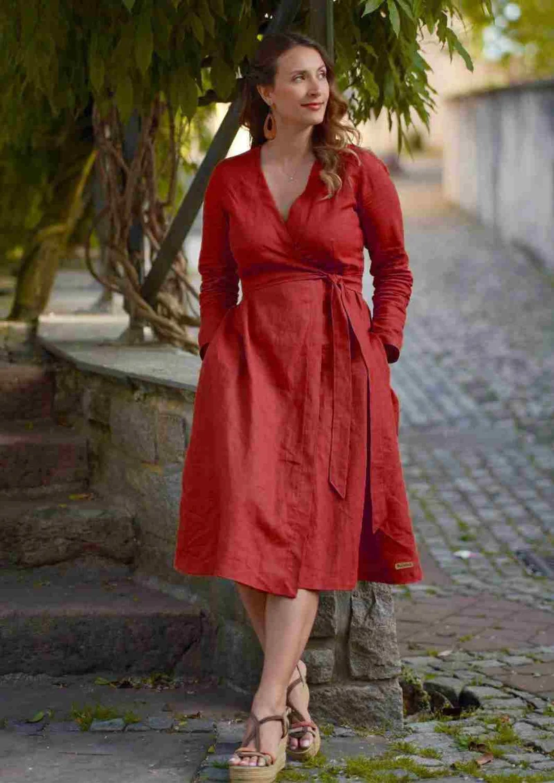 Wickelkleid Leinen "Ranunkel" für Damen, lange Ärmel